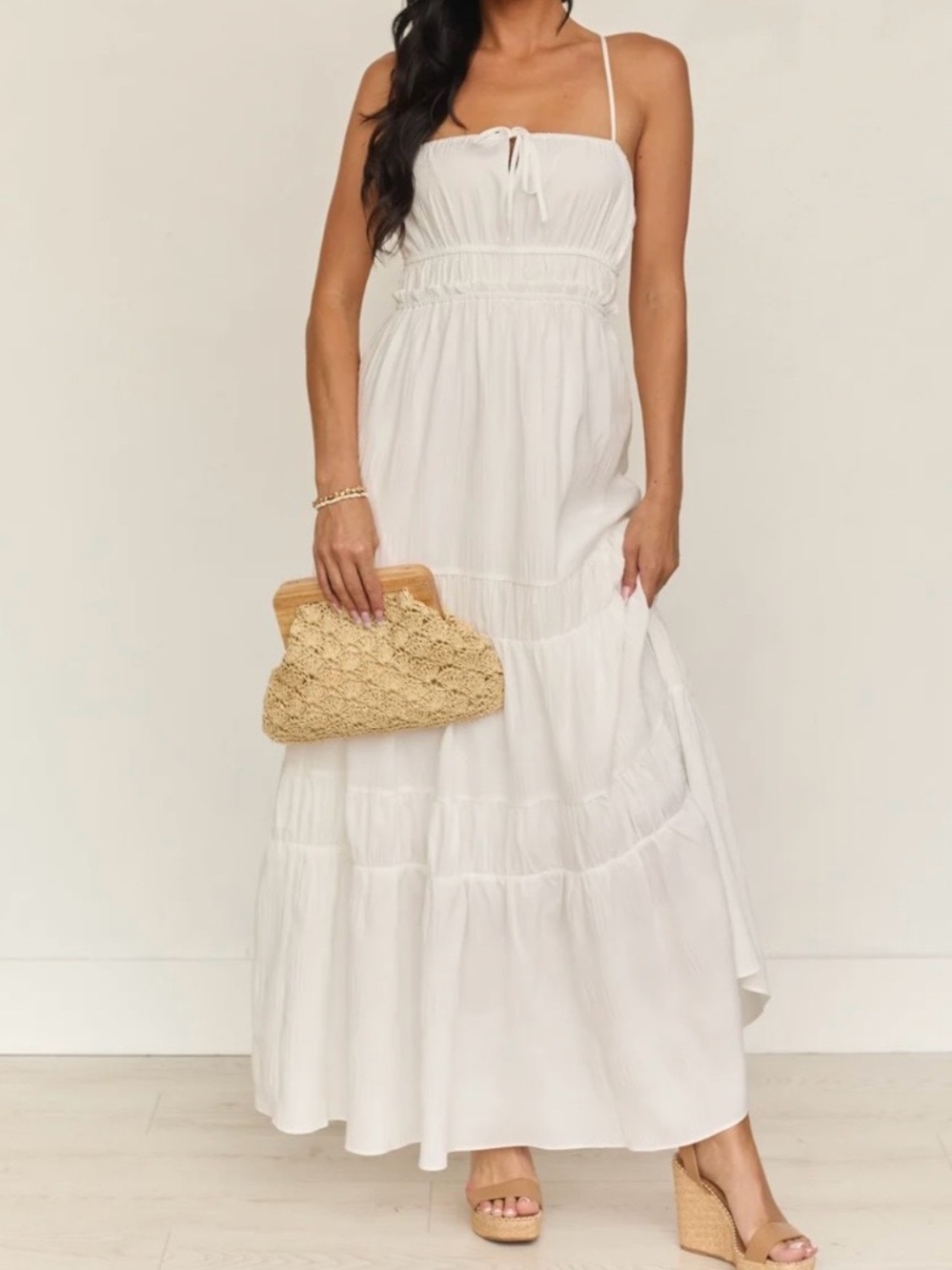 ACOA White Tiered Open Back Summer Maxi Dress